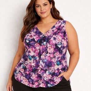 Floral Sleeveless Blouse 1X Colorful Print Top Tank Ruffle Worthington Woman